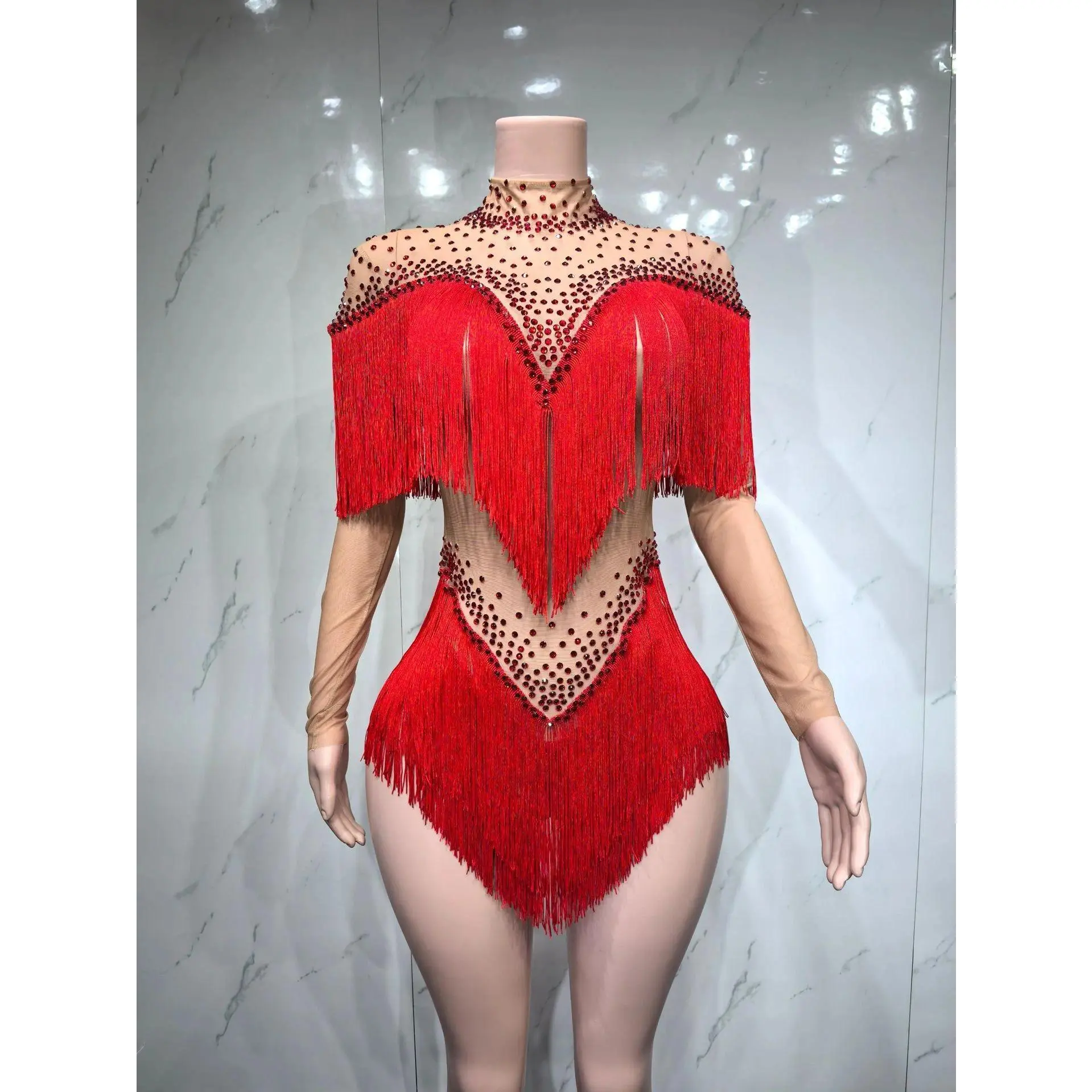 Women's Sexy Tassels Bodysuit Mesh Performance Dance Costume Stage Wear Nightclub Outfit for Dancer