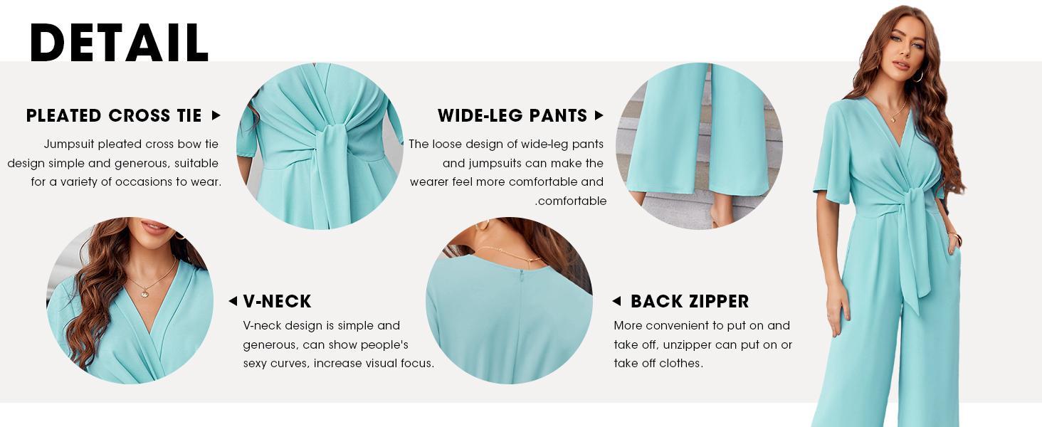 Imily Bela Womens Wide Leg Jumpsuits Short Sleeve Tie Knot Front Summer casual cute Long Romper