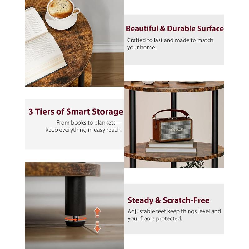Small Round End Table 3-Tier Accent Table Nightstand for Bedroom Living Room Small Spaces Industrial Vintage Side Table Couch Organizer Bedside Display Stand Rustic Brown Home Gift