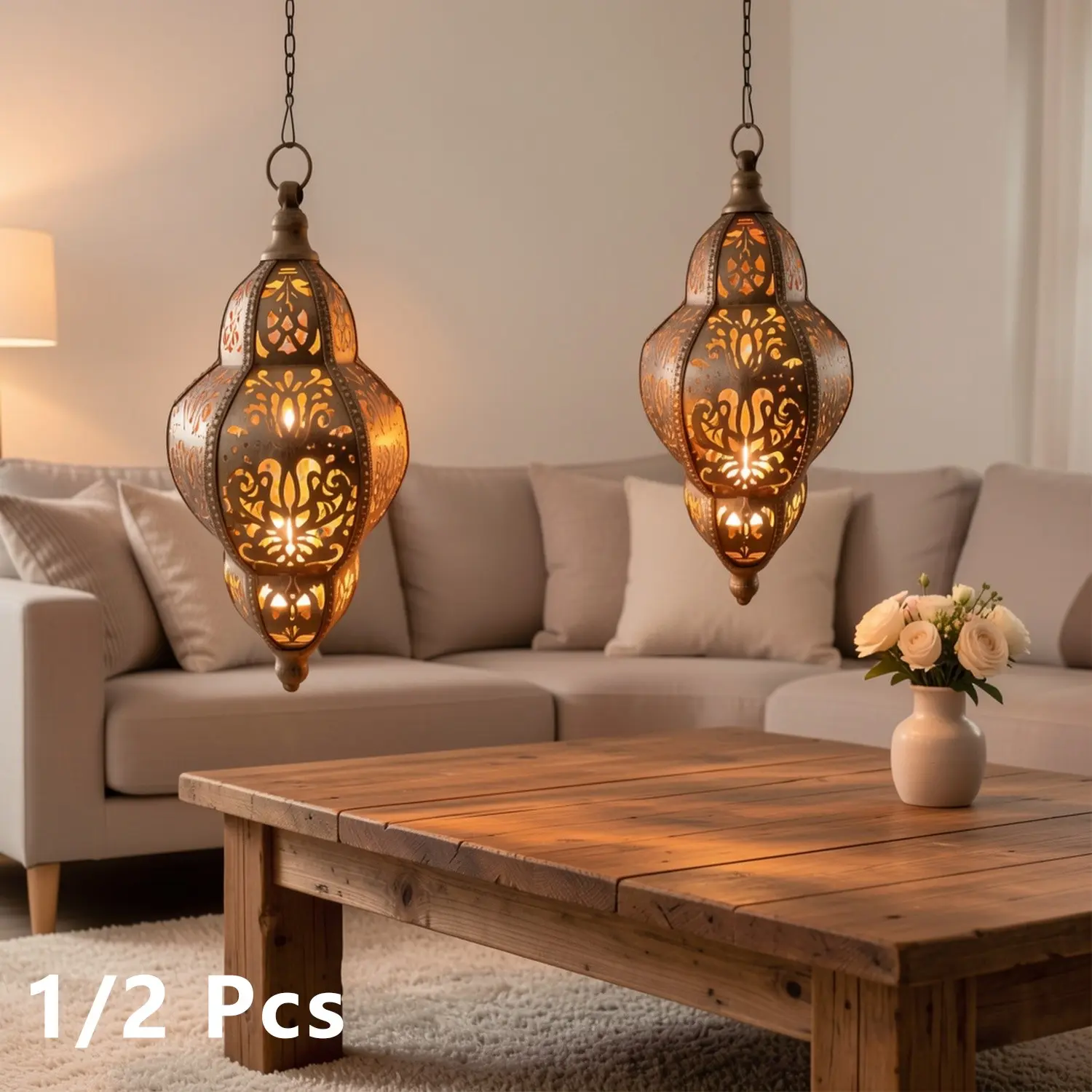 1/2pcs Outdoor Solar Lantern, Solar Metal Lanterns, Baroque Moroccan Style Metal Solar Hanging Lantern, Outdoor Metal Chandelier with Solar & Hollow Projection, Suitable for Passageways, Patios, Porches, Garden, Lawn, Outdoor & Ramadan Decoration