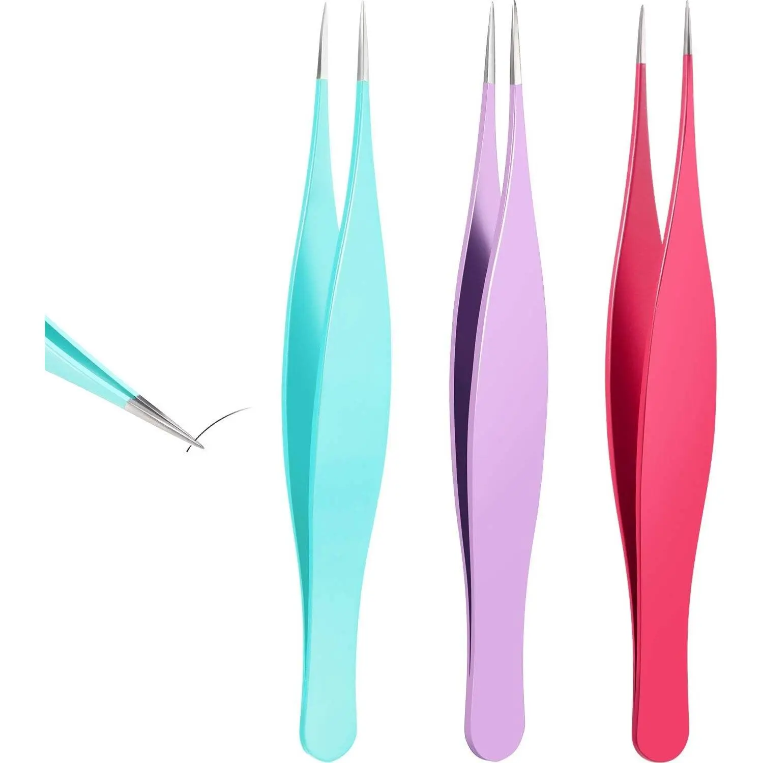 3 Pcs Pointed Tweezers for Women, Stainless Steel, Ingrown Hair & Eyebrow Shaping, Facial Hair & Blackhead Removal, Sharp Precision Tips for Splinters, Rose Red, Purple, Blue