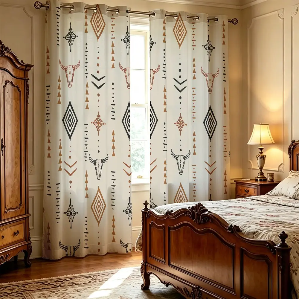 2 Panels 60-65% Boho Blackout Window Curtains, Aztec Bull Skull Print Light Blocking Room Darkening Drapes, Country Farmhouse Style Home Decorative Curtain for Living Room Bedroom Kitchen Home Decor