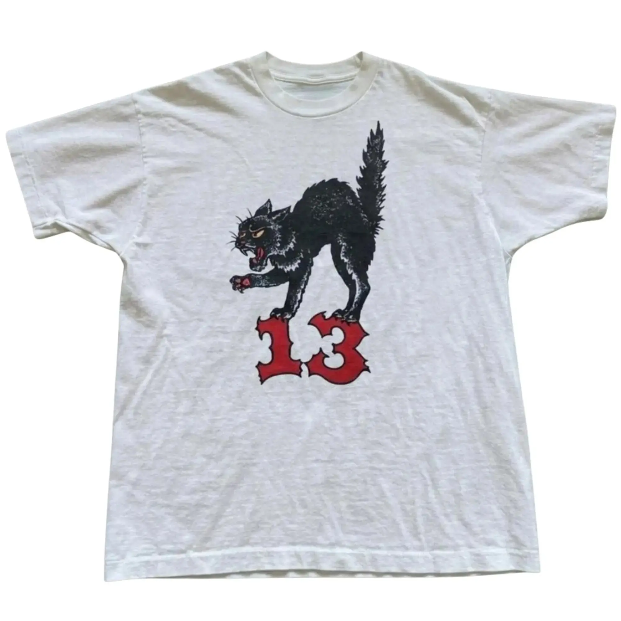 Women's Short-Sleeve Cotton Fabric Casual Top - Lucky Number 13 Hissing Black Cat Graphic Tee, Vintage Tattoo Flash Style Arching Cat on Red Typography, Unisex Rockabilly Gothic Streetwear, Shortsleeve, Tshirt