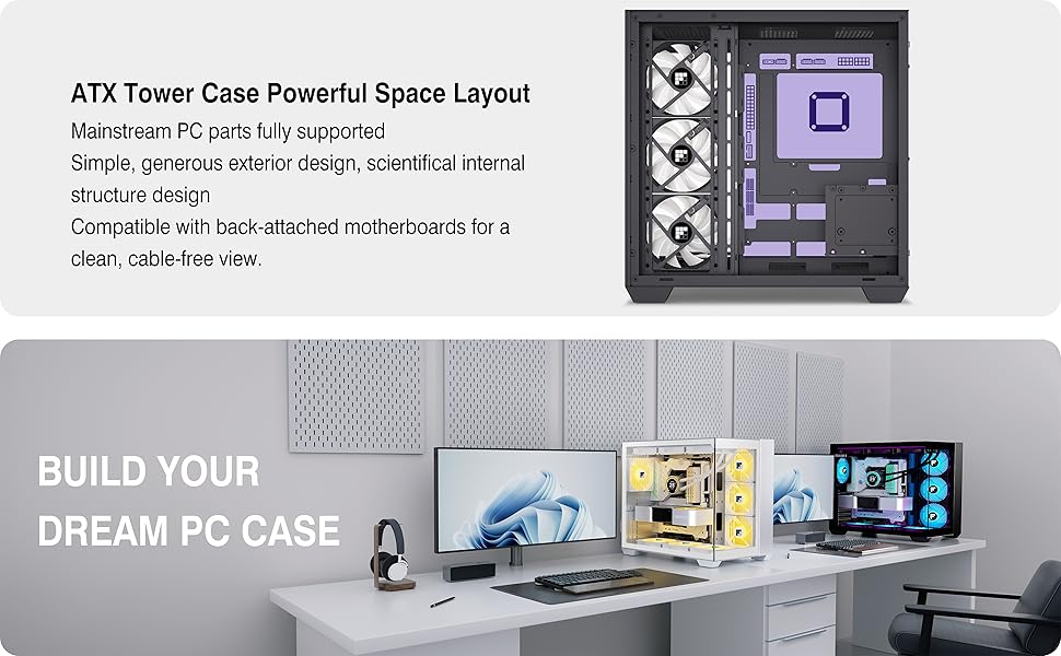 F600 Mid-Tower Gaming PC Case - Black, 7x 120mm ARGB PWM Fans Pre-Installed, 270° Panoramic Tempered Glass, Transparent Dual-Chamber Design, Type-C Port, Cable Management Support, ITX/Micro ATX Compatible, 420*285*430mm