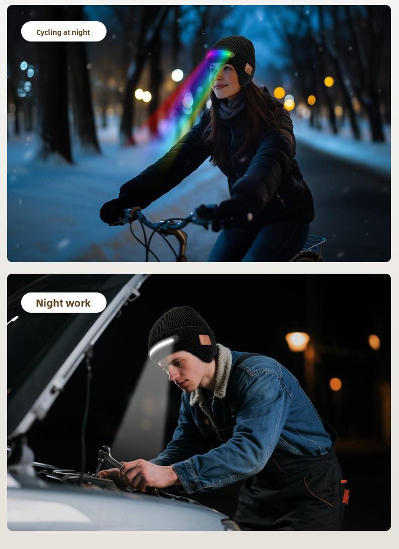 New USB Charging Light-Up Bluetooth Headphone Hat Outdoor Warm Knitted Ear Protection Hat Wireless Music Colorful Light Design Unisex Fashionable Casual Flashlight Hat for Christmas Holidays