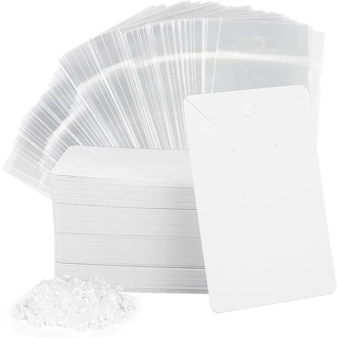 100 count Earring Cards with 100 count Self Adhesive Bags for Earrings  Display and 200 count Earring Backs, Earring Display Holder Cards 3.5x2.4 Inches Earring Card Holder Set (White)