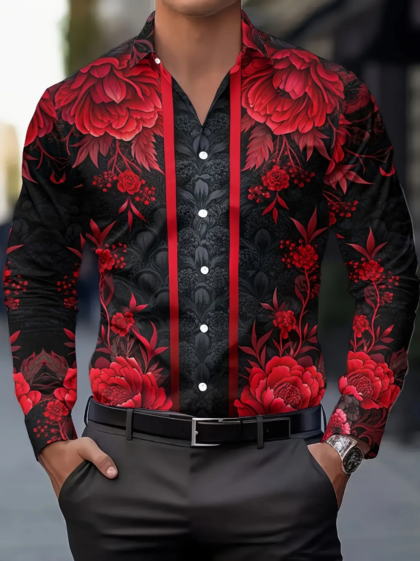 Men's black long-sleeve collared shirt with large red peony flowers, vintage Chinese style, digital print, slim fit, casual and stylish, versatile long-sleeve top for men