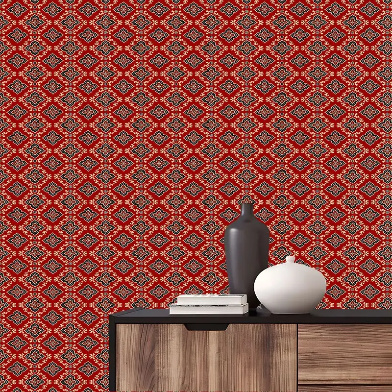 Retro Red Boho Folk Pattern Peel And Stick Wallpaper,Reusable Peel Stick Wall Covering,Traditional Floral Animal Geometric Print,Great Accent Wall Decor for Apartment, Cottage, Study & Holiday Room Refresh