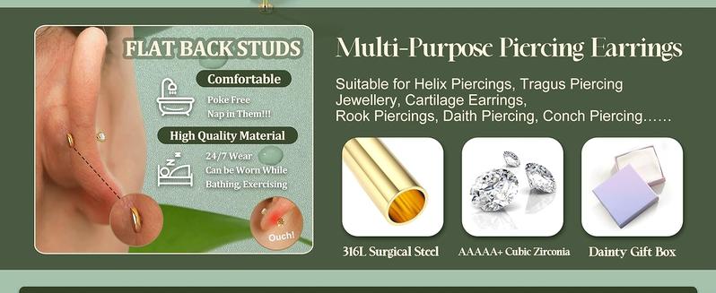 MILACOLATO Threadless Flat Back Earrings Hypoallergenic - 9 Pairs 316L Surgical Steel Push in CZ Studs & Hoops Set for Women Men 14K Plated Gold Cartilage Tragus Helix Nose Piercing Jewelry 16G 18G