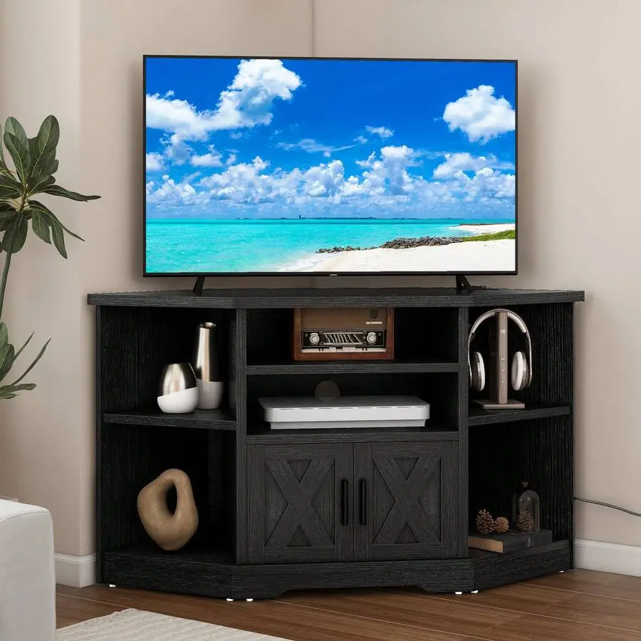 Farmhouse Corner TV Stand With Power Outlets Media Console Table Entertainment Center TV To 55 Inch