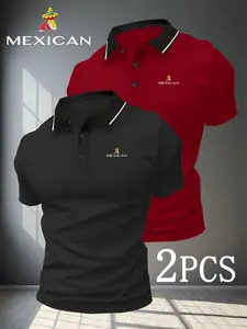 Men's Quick-Dry Polo Shirt Set, 5103 Strawman Logo Print, Breathable and Comfortable, Sporty Style, Short Sleeve, Geometric Pattern