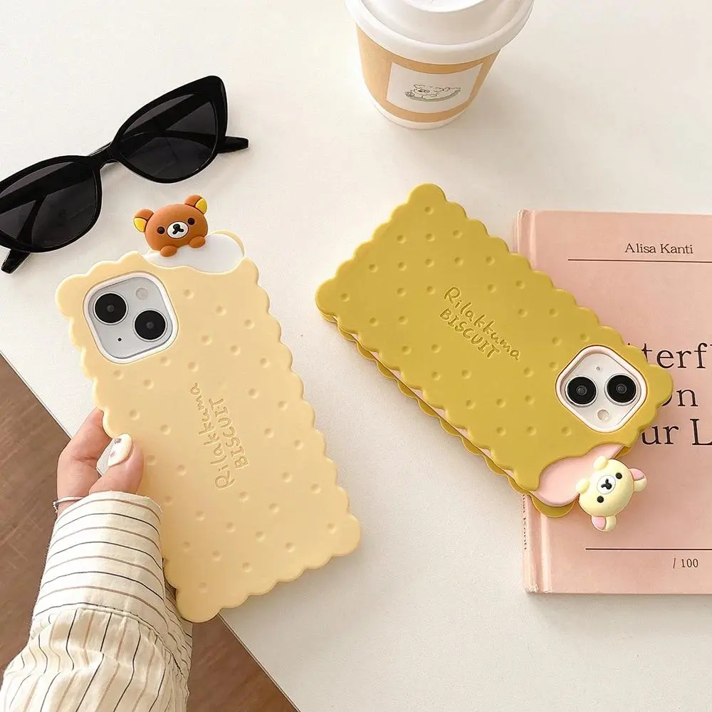 For iPhone 16 15 14 13 12 11 Pro Max Funny Rilakkuma Bear Sandwich Biscuit Case Soft Silicone Cover