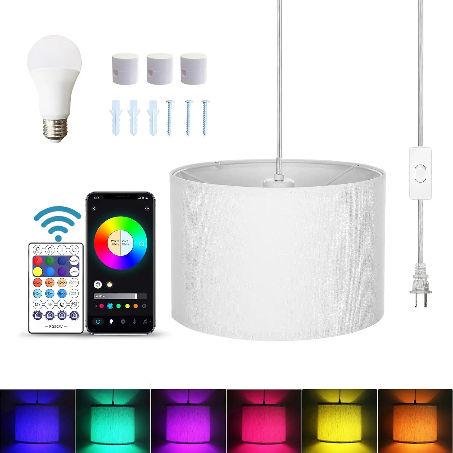15FT Plug in Pendant Light, Hanging lamp with Switch, White Hanging Lights with Plug in Cord, Pendant Lamp with Remote Control, Pendant Light Fixture for Living Room Bedroom Farmhouse