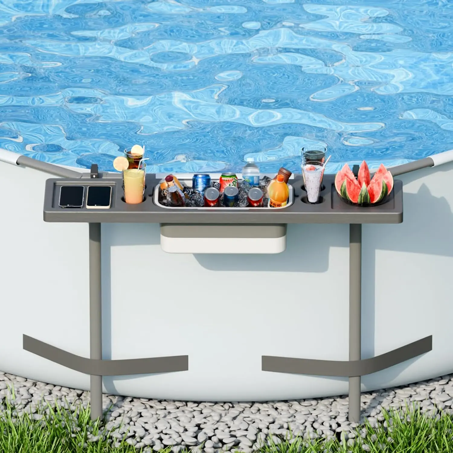 Pool Bar - Above Ground Poolside Table with 4 Cup Holders & Ice Bin, 47"×11" Foldable Swim Up Bar, Above Ground Pool Accessories, Pool Side Bar for Round/Oval/Rectangular Frame Pools