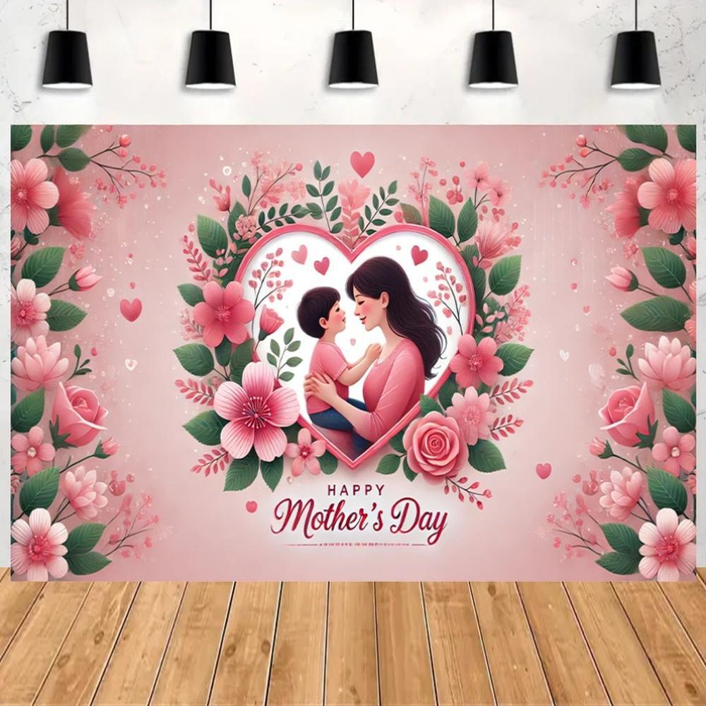 1PC,2D Flat Mother's Day Warm Parent - Child Floral Heart - Shaped Tapestry, Home Decor Wall Hanging, Festival Atmosphere Decoration, Background Cloth For Bedroom, Living Room, Photo Backdrop