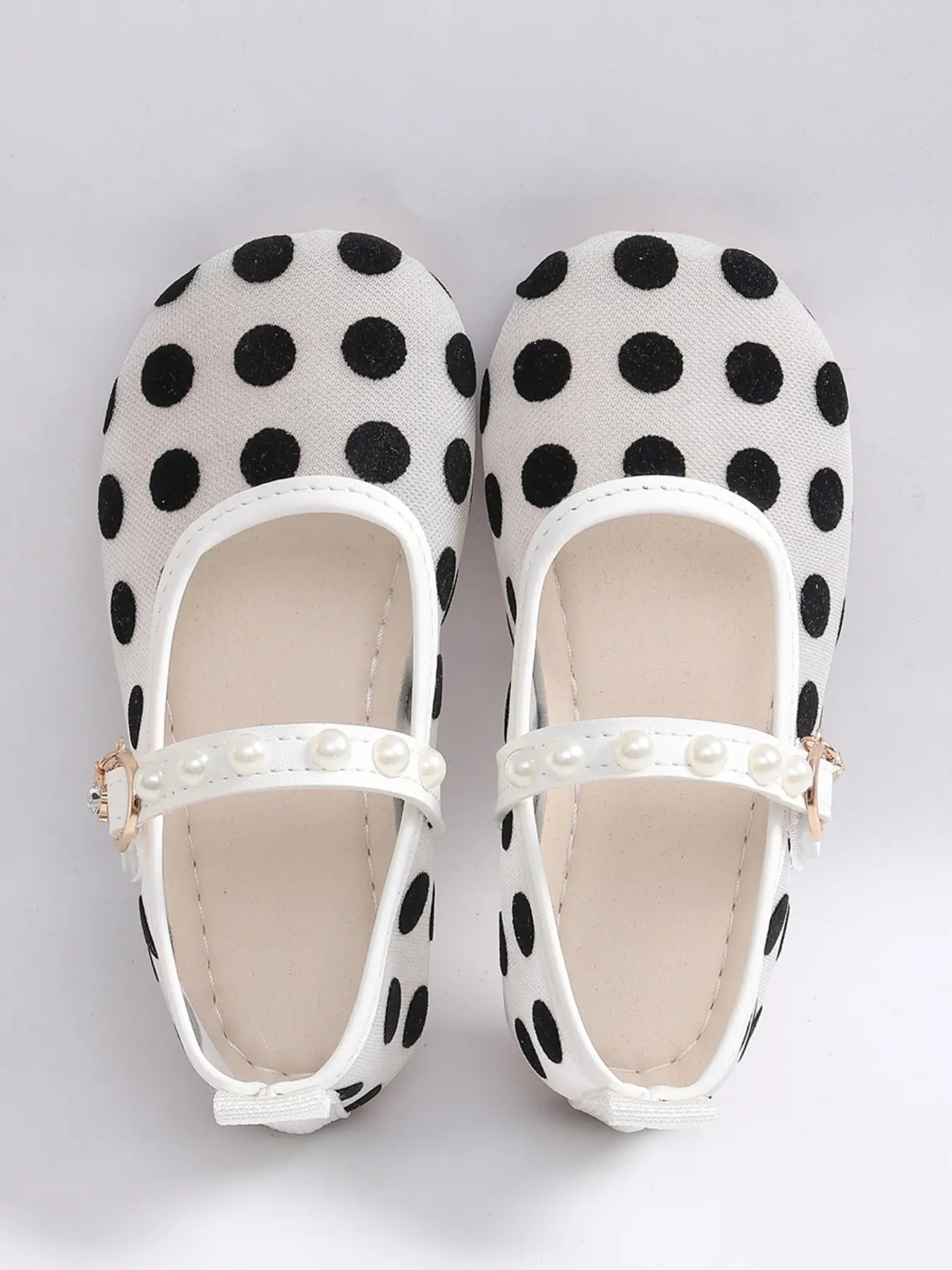 New Kids Polka Dot Mary Jane Shoes, Sweet Princess Style, Pearl Decor, Rhinestone Pendant, Easy Velcro Flat Shoes, Fashionable, Suitable for Vacation, Picnic, Daily Wear