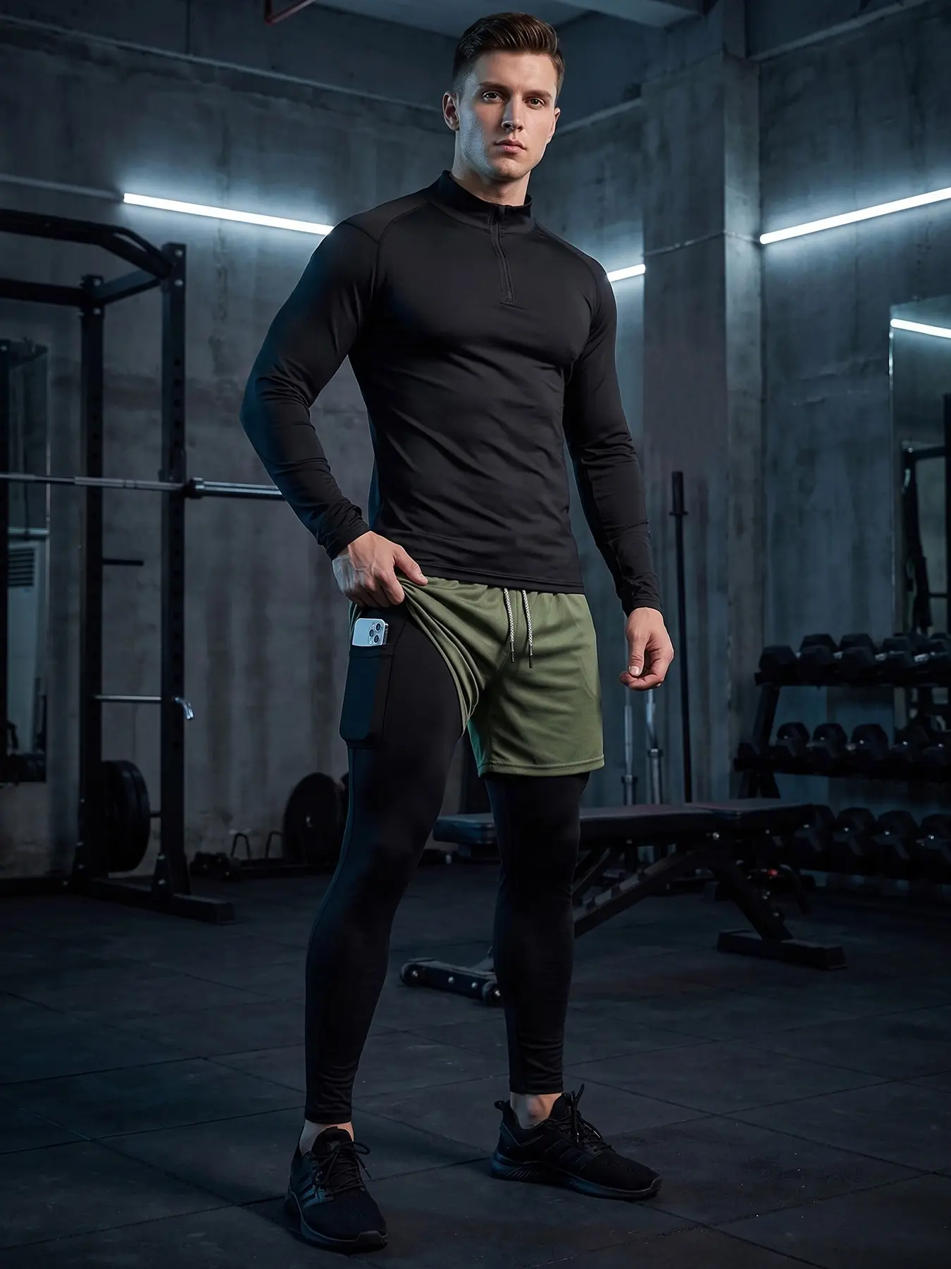 Men's Autumn Winter Workout Running Sports Set, 2 Piece Athletic Fitness Gear, Thermal Warm Fleece Lined Baselayers Undershirts, Zippered Mock Neck Long Sleeve Compression Shirt, 2-in-1 Leggings Pants with Phone Pocket, Towel Loop, Zipper Pocket