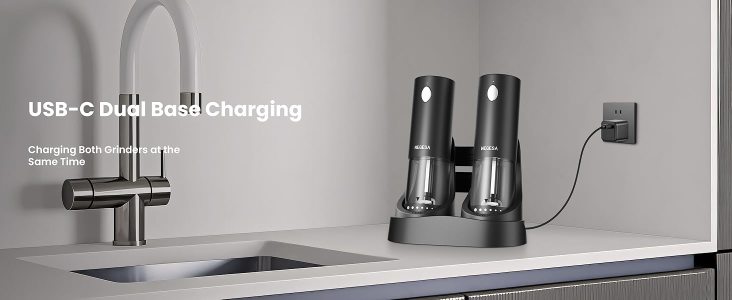 Electric Salt and Pepper Grinder Set with Rechargeable Base - Automatic Refillable Electric Salt and Pepper Shakers with Large Capacity, LED Light & Adjustable Coarseness, Black