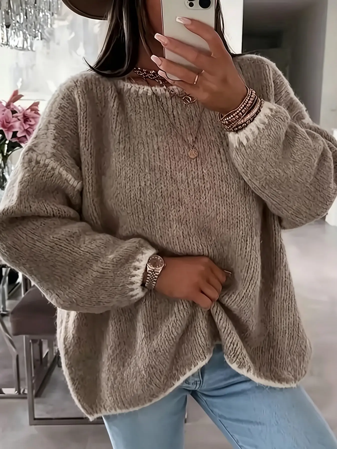 Women's Round Neck Colorblock Pullover, Loose-Fitting Long Sleeve Knitted Top, Casual Spring & Fall Fashion, Comfortable and Stylish, Knitwear