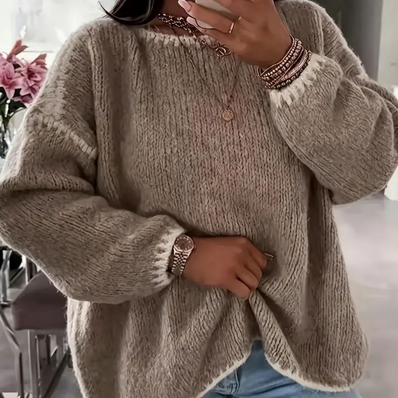 Women's Round Neck Colorblock Pullover, Loose-Fitting Long Sleeve Knitted Top, Casual Spring & Fall Fashion, Comfortable and Stylish, Knitwear, Casual Pullover Tops