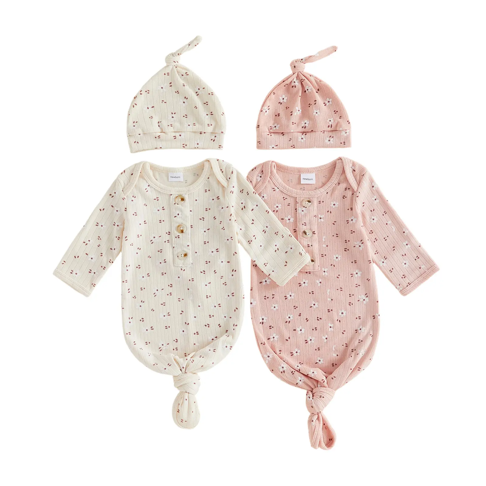 Newborn Baby Girl Sleeping Bags Floral Print Long Sleeve Knotted Swaddle Sleep Sack with Matching Hat 0-3 Months
