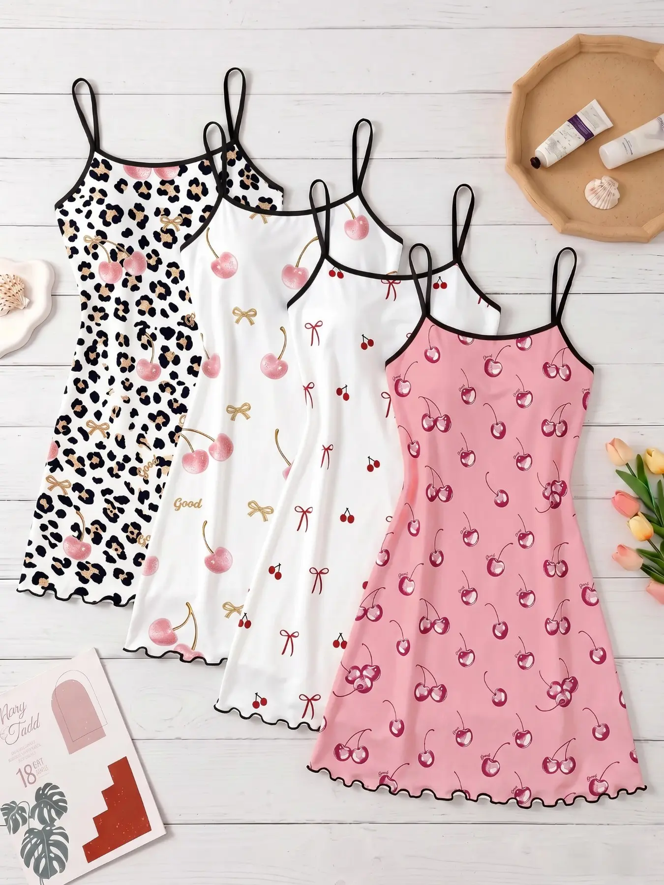 4-Pack Women's Strapless Nightdresses, Bow Cherry All-Over Print Pajamas, Sweet Cute Home Wear for Spring Summer