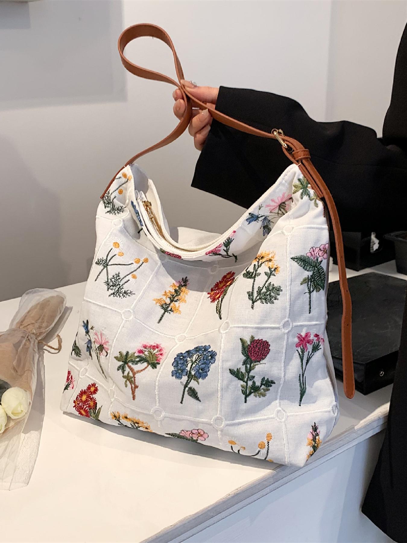 Women's Floral Pattern Embroidered Tote Bag, Fashionable Summer 2024 Large Capacity Shoulder Bag for Teen Girls, Women, Casual Tote Bag