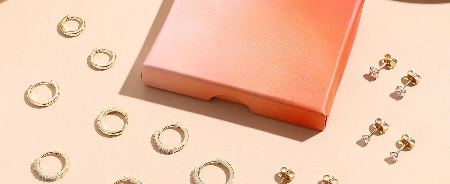 YADOCA Hoop Stud Earrings 7 Pairs 316L Surgical Steel Hypoallergenic Earrings Set for Multiple Piercing Non Tarnish Gold-Plated Cartilage Earring