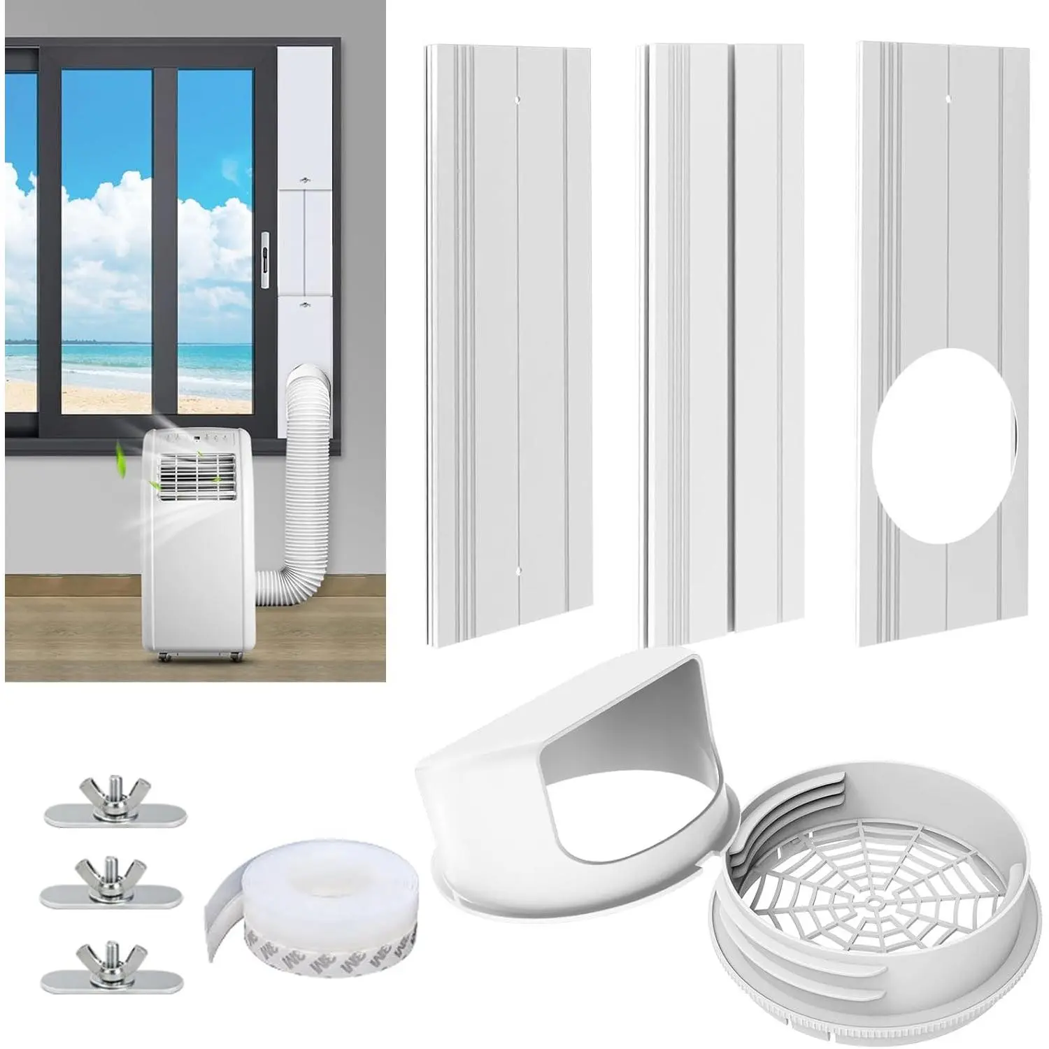 Portable Air Conditioner Window Vent Kit with 2-in-1 Coupler Fit for 5.0"/5.9” Exhaust Hose, Mobile A/C Unit Window Kit with 3 Seamless Slot Seal Plates for Vertical/Horizontal Sliding Window