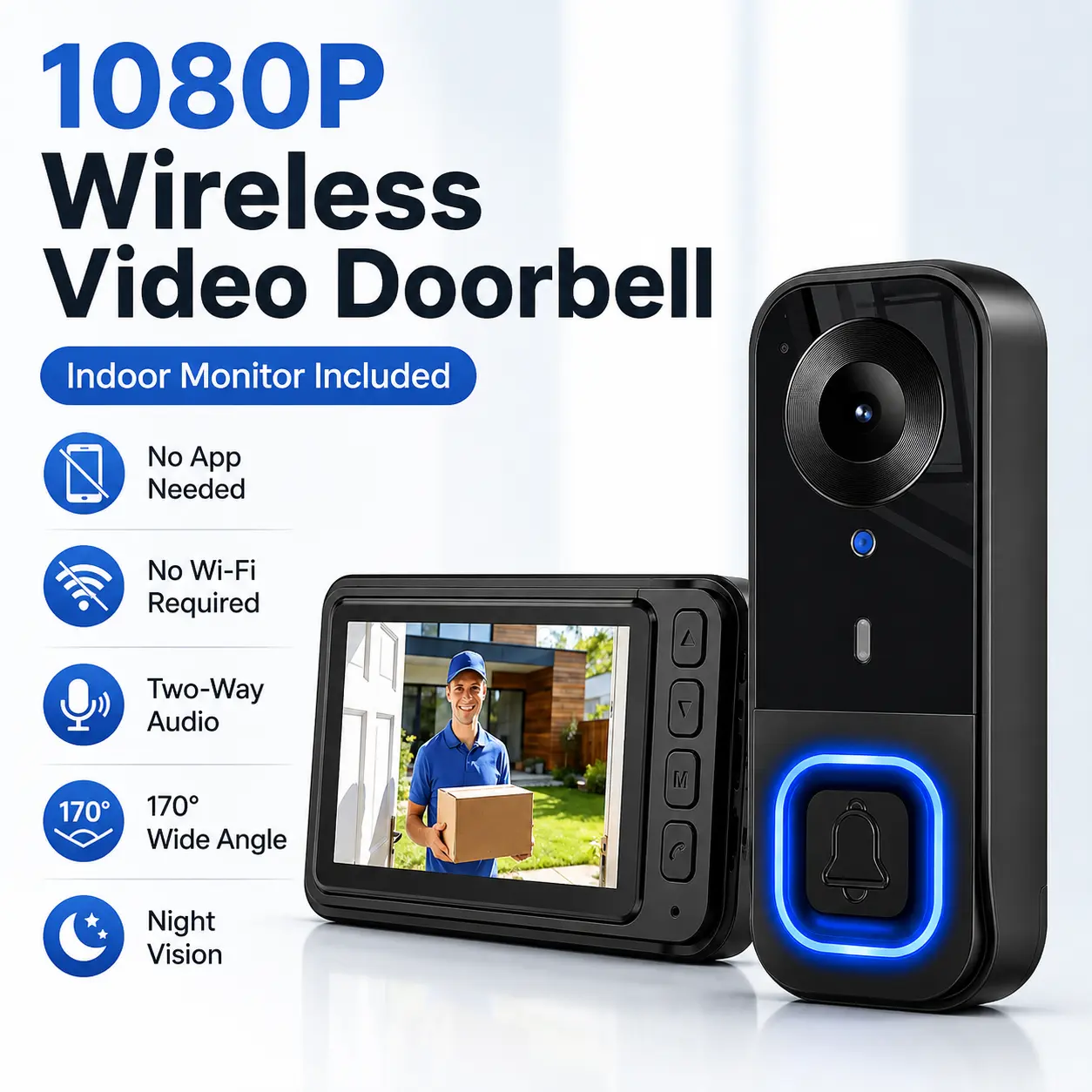 1080P Wireless Video Doorbell Camera with Indoor Monitor, No Subscription, App or Wi-Fi Required, Waterproof Two-Way Video Intercom with 170 °   Wide-Angle View, Night Vision and Local Storage for Home Entry Monitoring