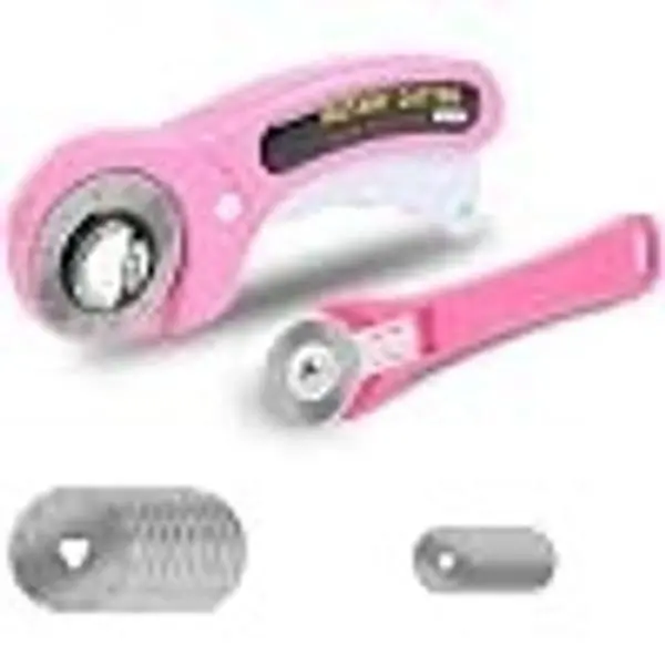 Rotary Cutter for Fabric, 45mm and 28mm Rotary Cutters Kit with 10 Blades | Ergonomic Rolling Cutter with Safety Lock, Suitable for Leather, Crafting, Sewing, and Quilting Fabric (Pink)