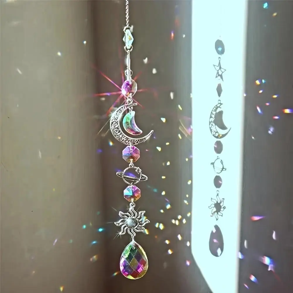 2 Crystal Moon and Sun Wind Chimes with Diamond Prism - Home and Garden Decor Rainbow Catcher Pendant, Water Drop, Pendant