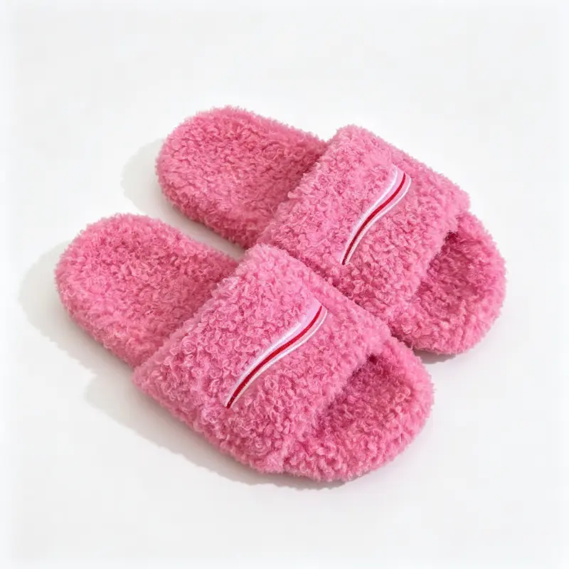 Men Open Toe Fluffy Plush Slippers, Striped Decor Indoor Slide Sandals, Soft Warm Casual Footwear, Comfort Non Slip Cozy Home Plush Slippers for Daily Wear