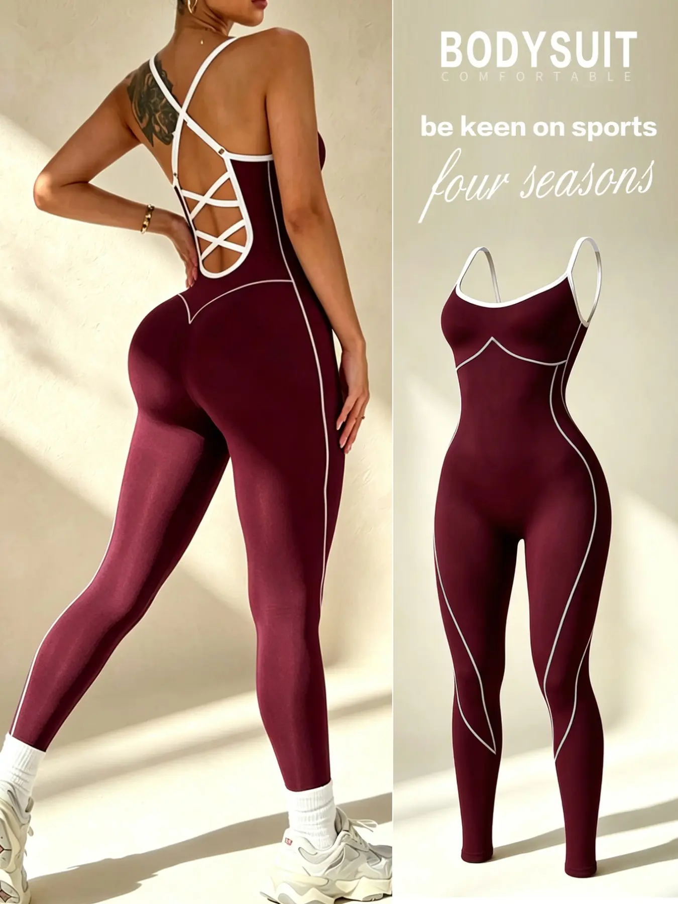 Women's Colorblock Sport Jumpsuit, Seamless Knit Tummy Control Yoga Suit, High Waist Athletic Wear, All Seasons Fitness