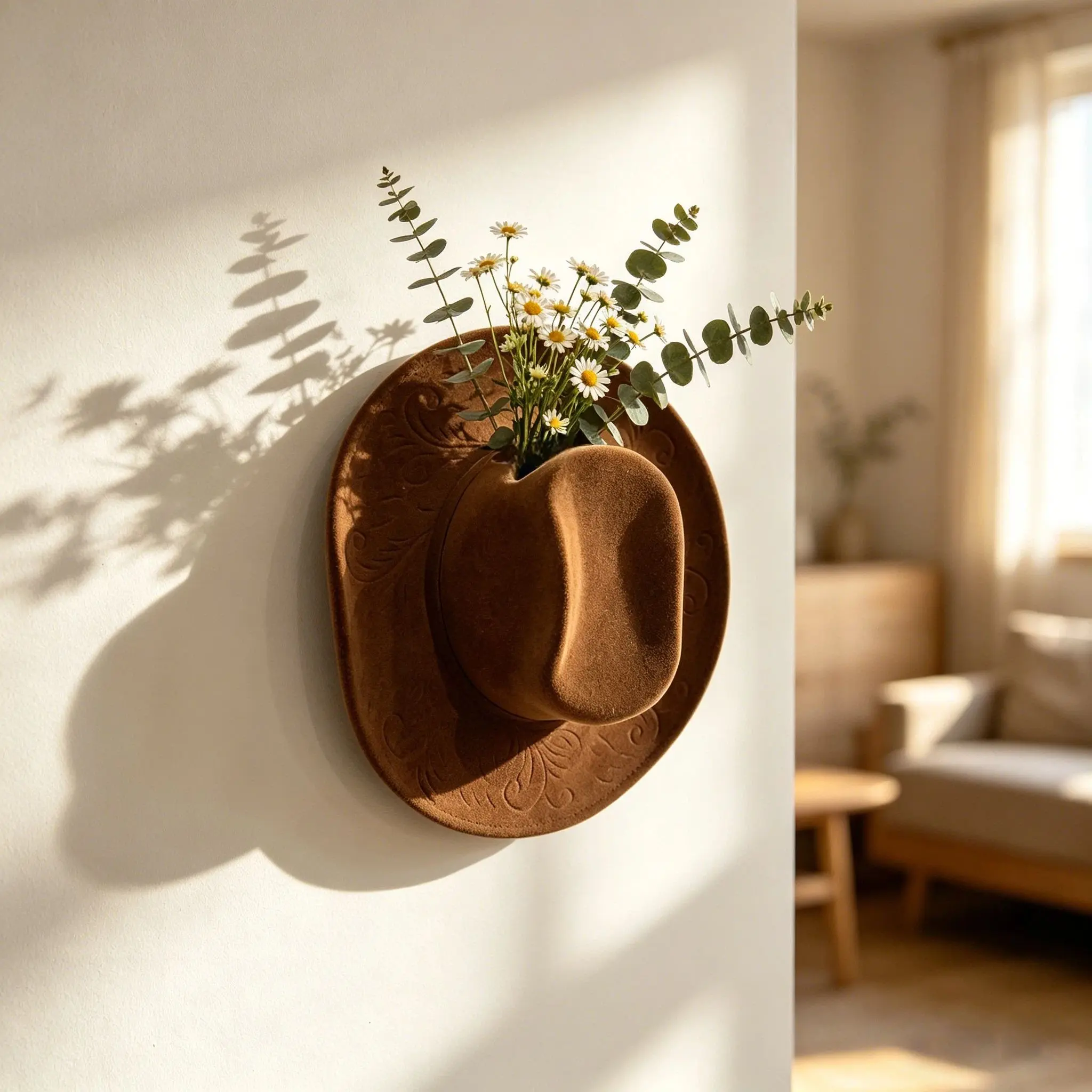 Unique Cowboy Hat Resin Vase, Wall Mounted Decorative Flower Pot, Western Style Wall Art, Creative Planter for Roses& Dried Flowers, Home, Living Room, Bedroom, Farmhouse Decor, Ideal Gift for Western Fans