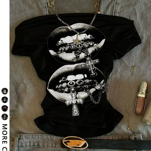 Women's Asymmetrical Neck Short Sleeve Tee, Y2K Summer Vacation, Graphic Print Shoulder Cutout T-Shirt, Casual Comfort Knitwear, Tops