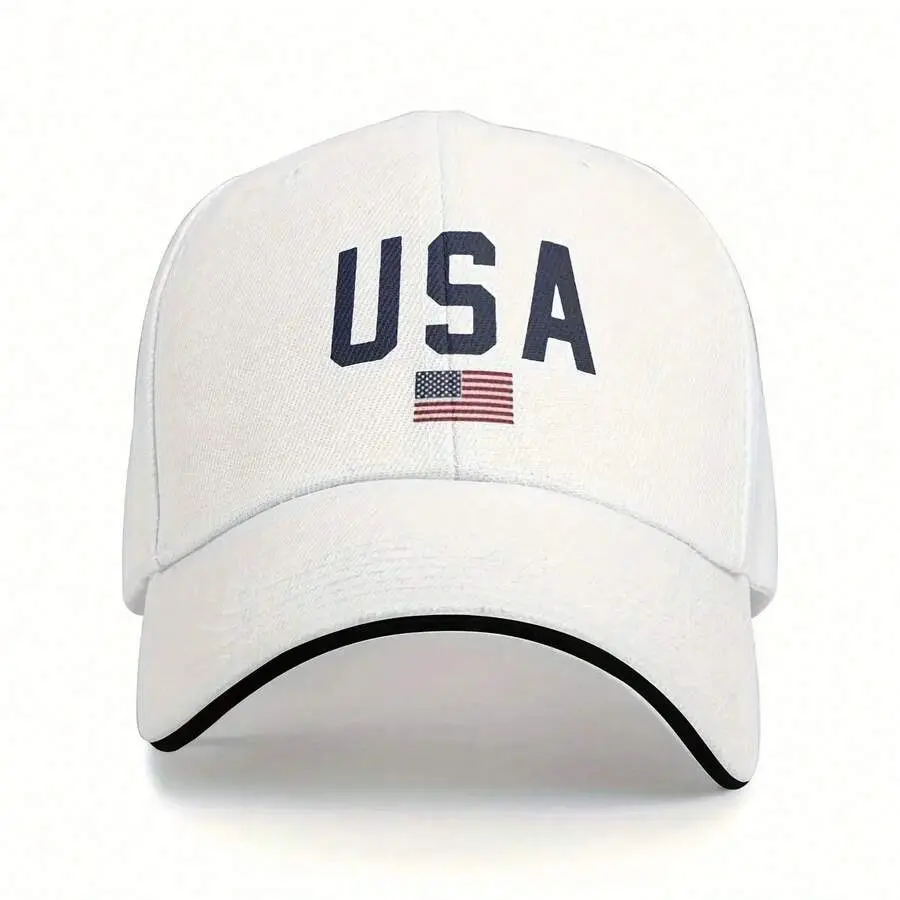Men's White Polyester Dad Hat - America Printed Flag-Themed Cap, Vintage Casual Durable Headwear for Outdoor Sports, Featuring "USA" Design, America Printed Hats, Flag-Themed Hats