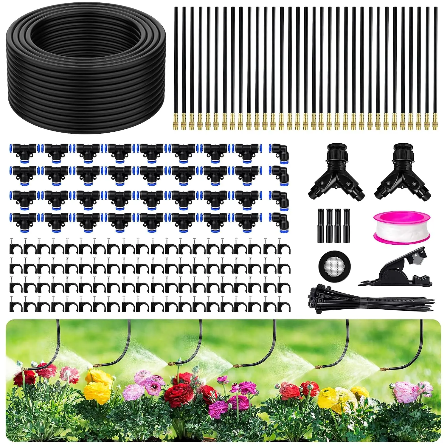 200FT 360° Adjustable Drip Irrigation Kit System for Garden Sprinklers for Yard Garden Watering System with 32 Nozzles Raised Bed Greenhouse  Watering Devices Misting System