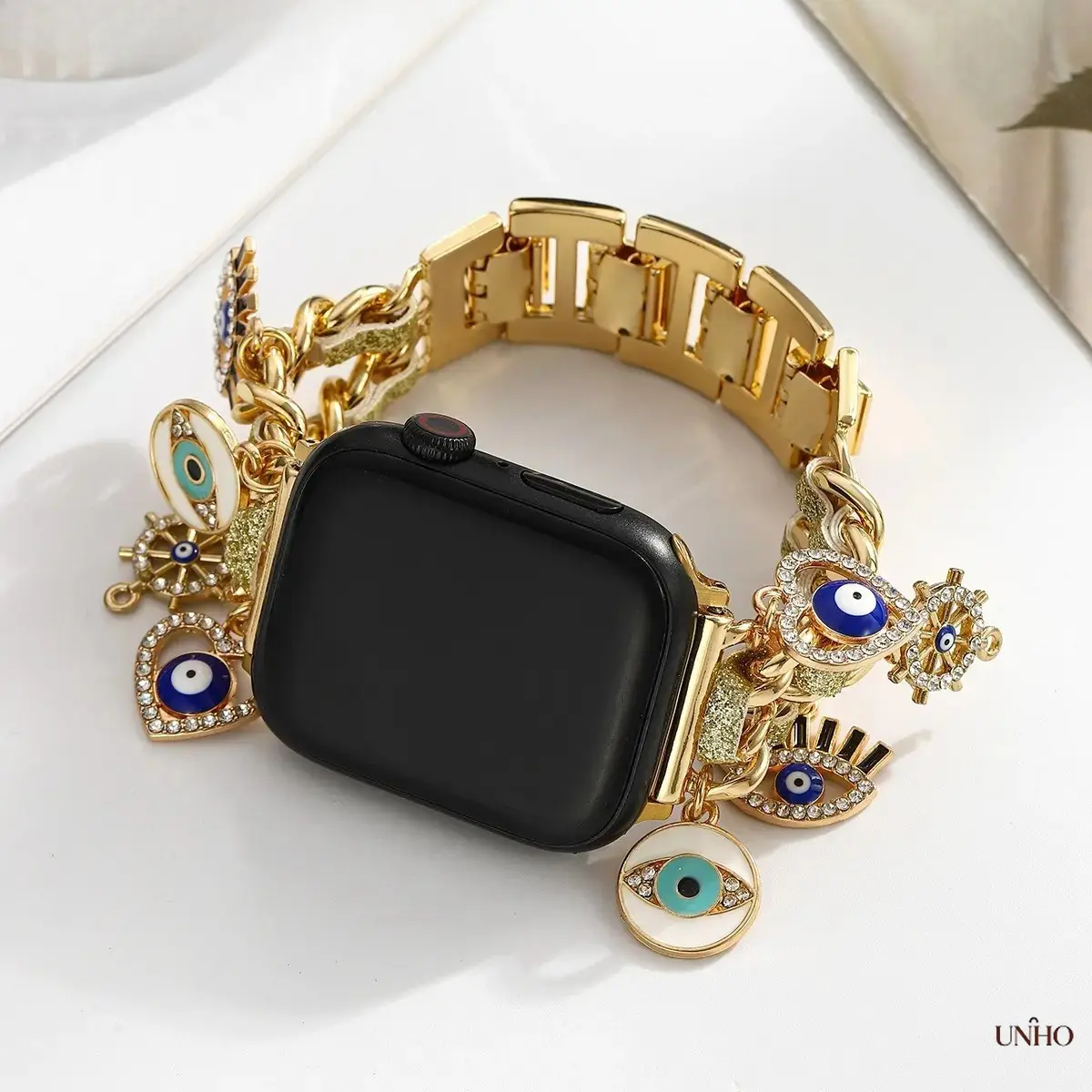 Golden Evil Eye Chic Metal Watch Band, Luxe Elegant Delicate Craft Replacement Wrist Strap Compatible With Apple Watch Series 7, 8, 9, Fashion Wearable Chic Accessory For Daily Casual Styling, Only Watch Band Included, Smartwatch Not Attached