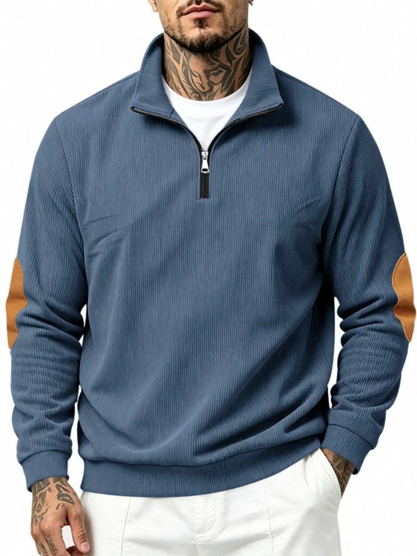 Men's Corduroy Quarter Zip Pullover Sweater, Elbow Patch Long Sleeve Mock Neck Sweatshirt, Ribbed Texture Casual Fall Winter Top