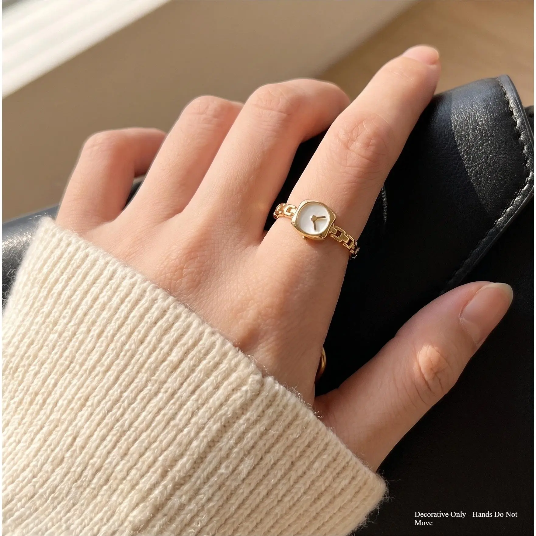 Women's Vintage Mini Watch Ring – Gold & Silver Chain Ring, Y2K Fashion Style, Includes Black Walnut Jewelry Box