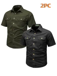 2pcs Men's Tactical Cargo Shirt, Vintage Military Style, Double Chest Pockets, Breathable Short Sleeve, Outdoor Hiking Daily Wear