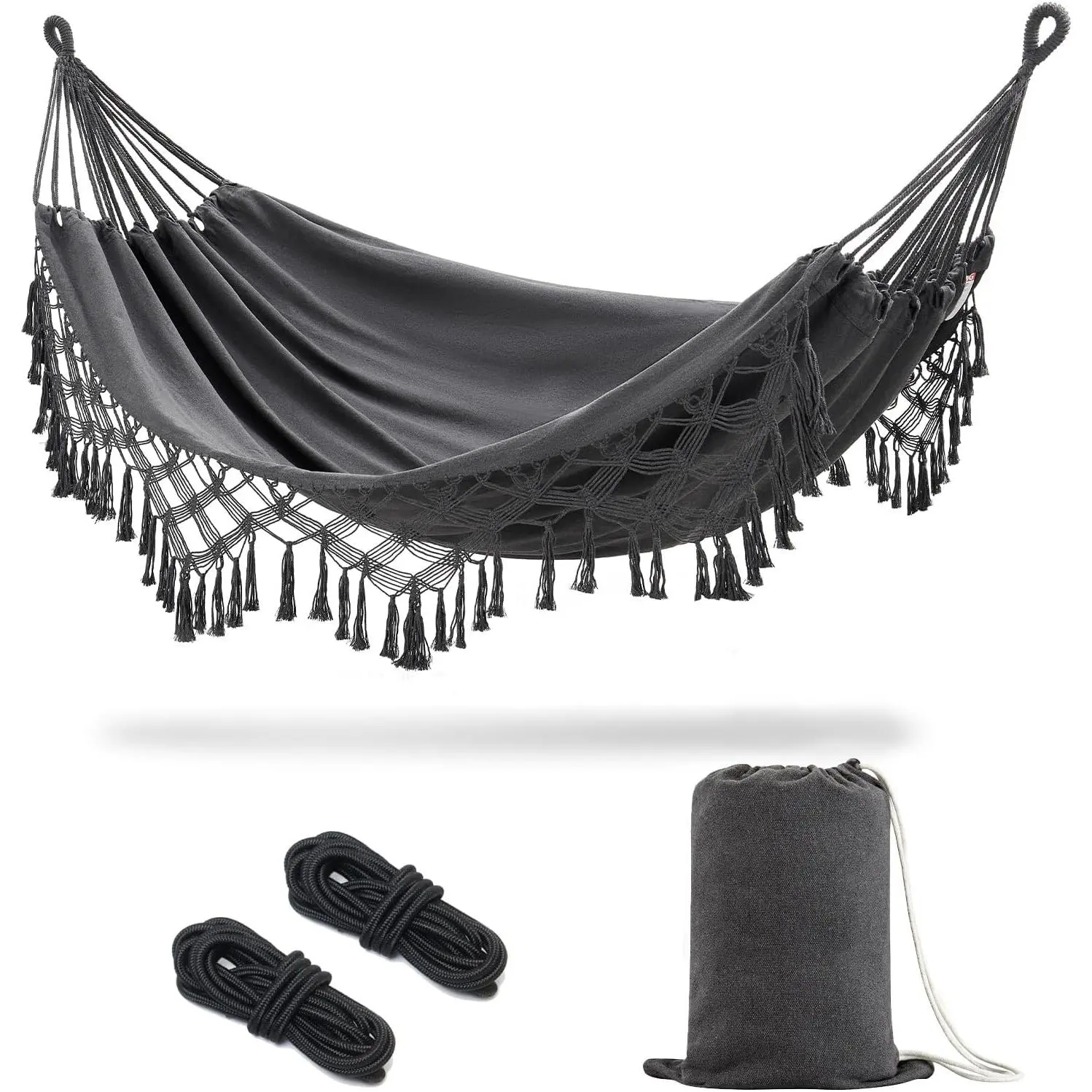 Boho Macrame Double Hammock with Hanging Ropes & Elegant Tassels 86.6x59 Portable Cotton Hammock for Patio Backyard Porch 450LBS Weight Capacity Perfect for Outdoor/Indoor - Dark Grey