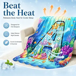 Kids Alphabet A-Z Deep Sea Printed Cooling Blanket Arc-Chill Q-Max >0.4 Cool Fiber Summer Throw for Hot Sleepers Lightweight Cool Blanket for Home, Outdoor & Travel Heat Dissipation Blanket, Lightweight Breathable Blanket