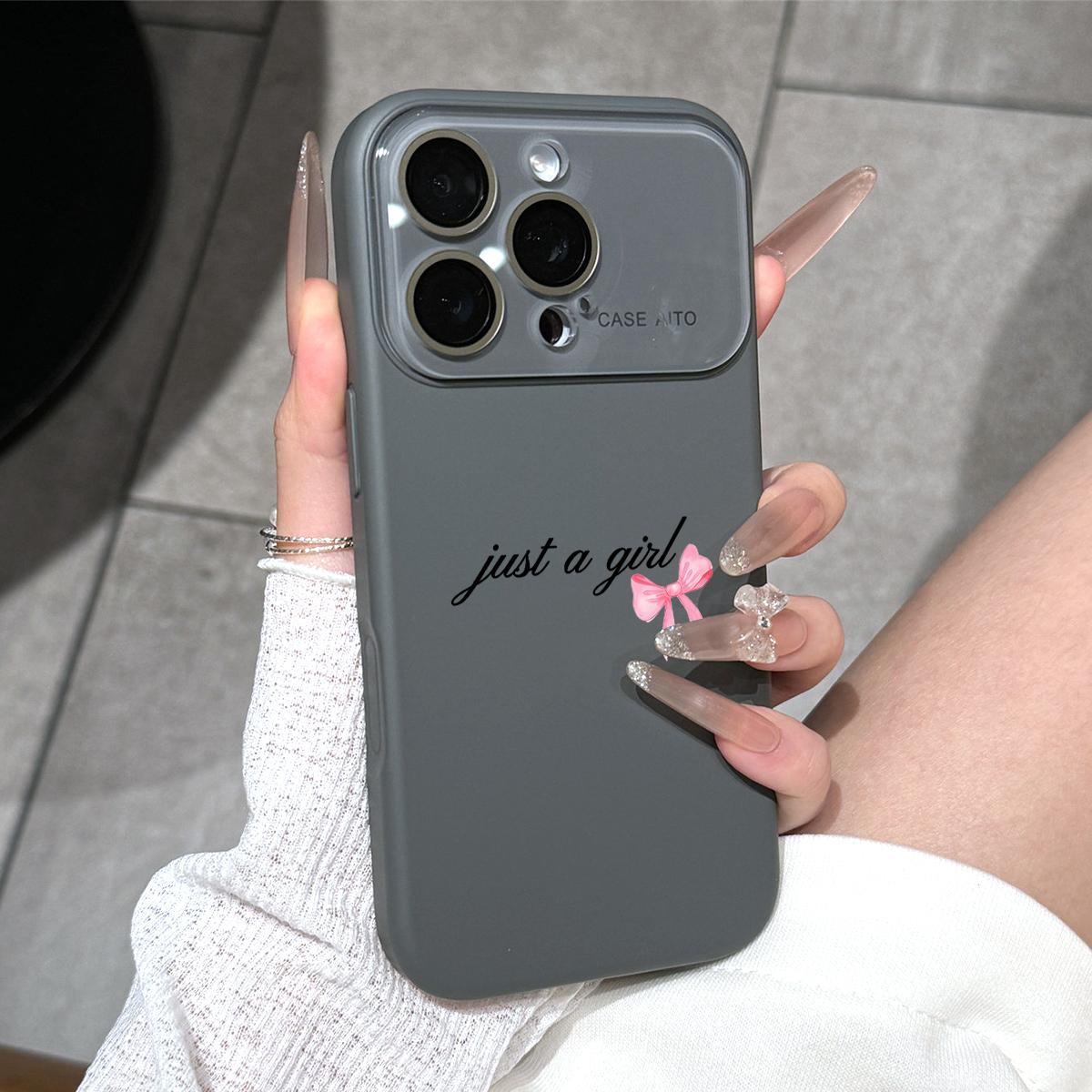 Personalized Simple Letter &Pink Bow Slogan Dopamine Ins Style Solid Color Phone Case with Ultra Skin friendly Touch, All Inclusive Lens Phone Case Suitable for iPhone 17 16 15 14 13 12 Pro Max Air
