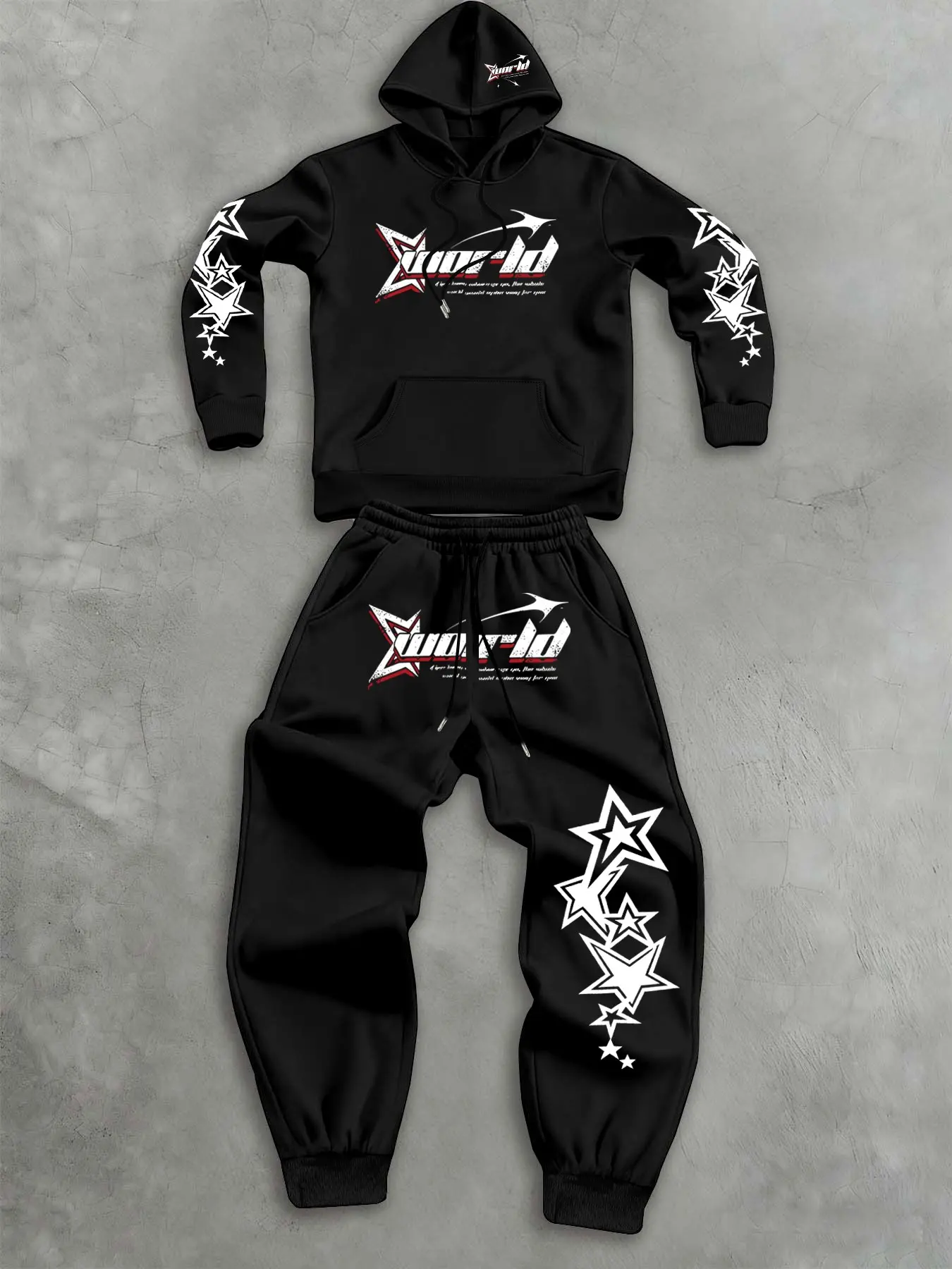 Unisex 2-Piece Set Sweatsuit, Fall Winter Y2K Star Print Hoodie, Fleece Lined Sweatshirt + Matching Drawstring Pants, Casual Sportswear