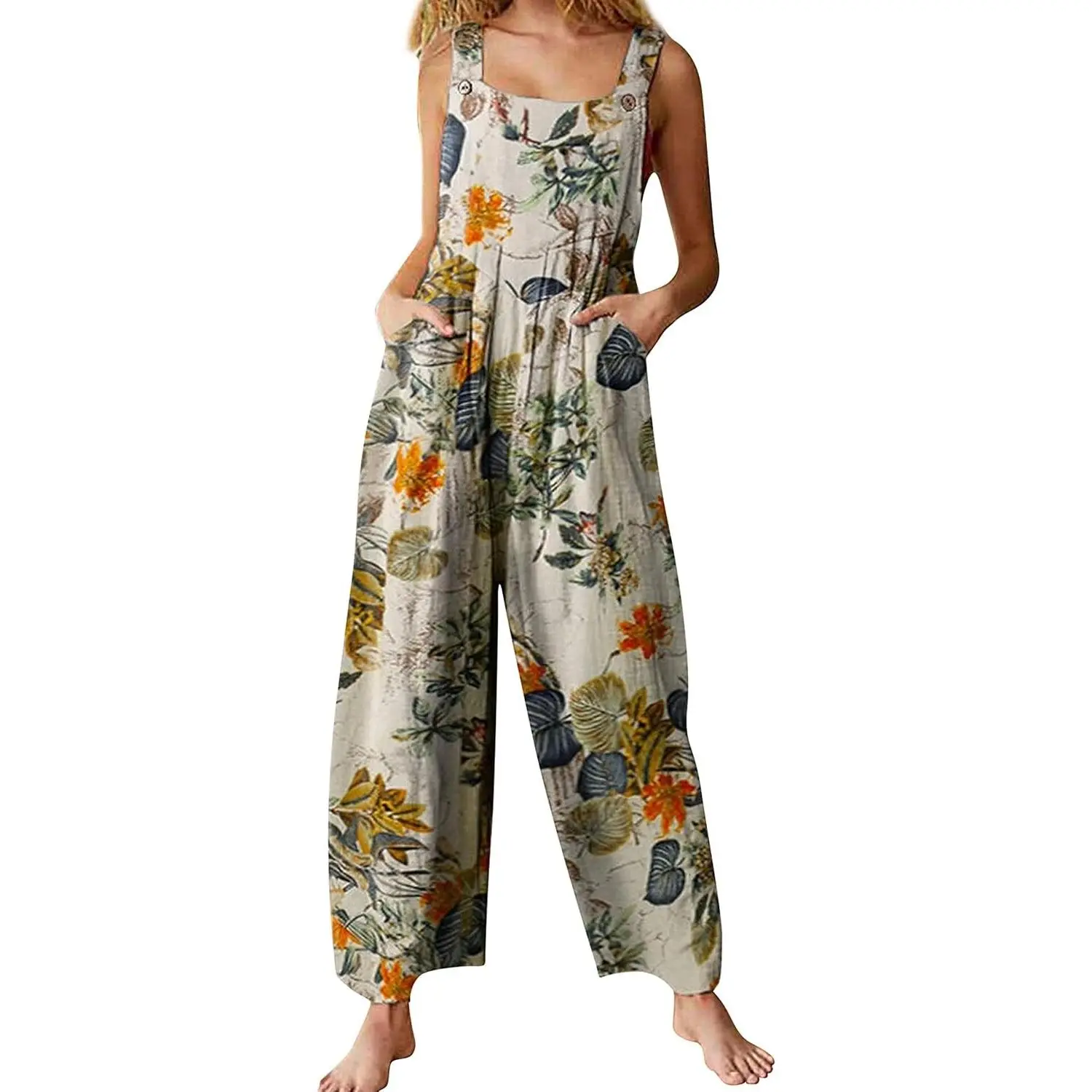 Women's Bohemian Floral Print Patchwork Loose Wide Leg Bib Overall Jumpsuit with Dual Pockets(Gift)