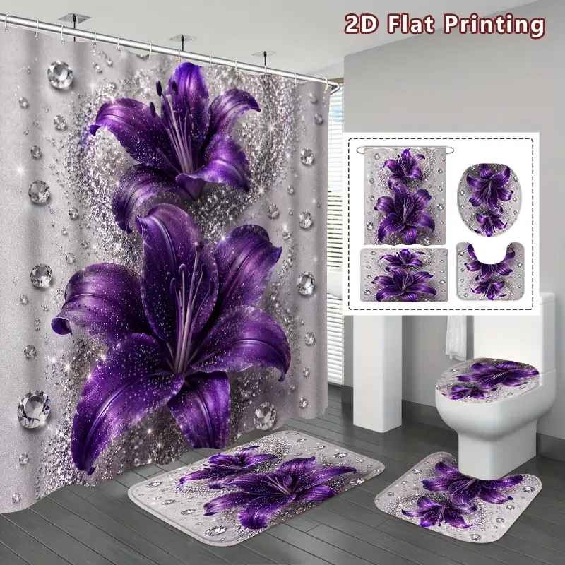 4-Piece set, purple lily shower curtain set, dark purple glitter diamond lily bathroom decoration, including bath mat, U-shaped mat, toilet cover cover, shower curtain with hook, elegant floral charm, home decoration, bathroom accessories