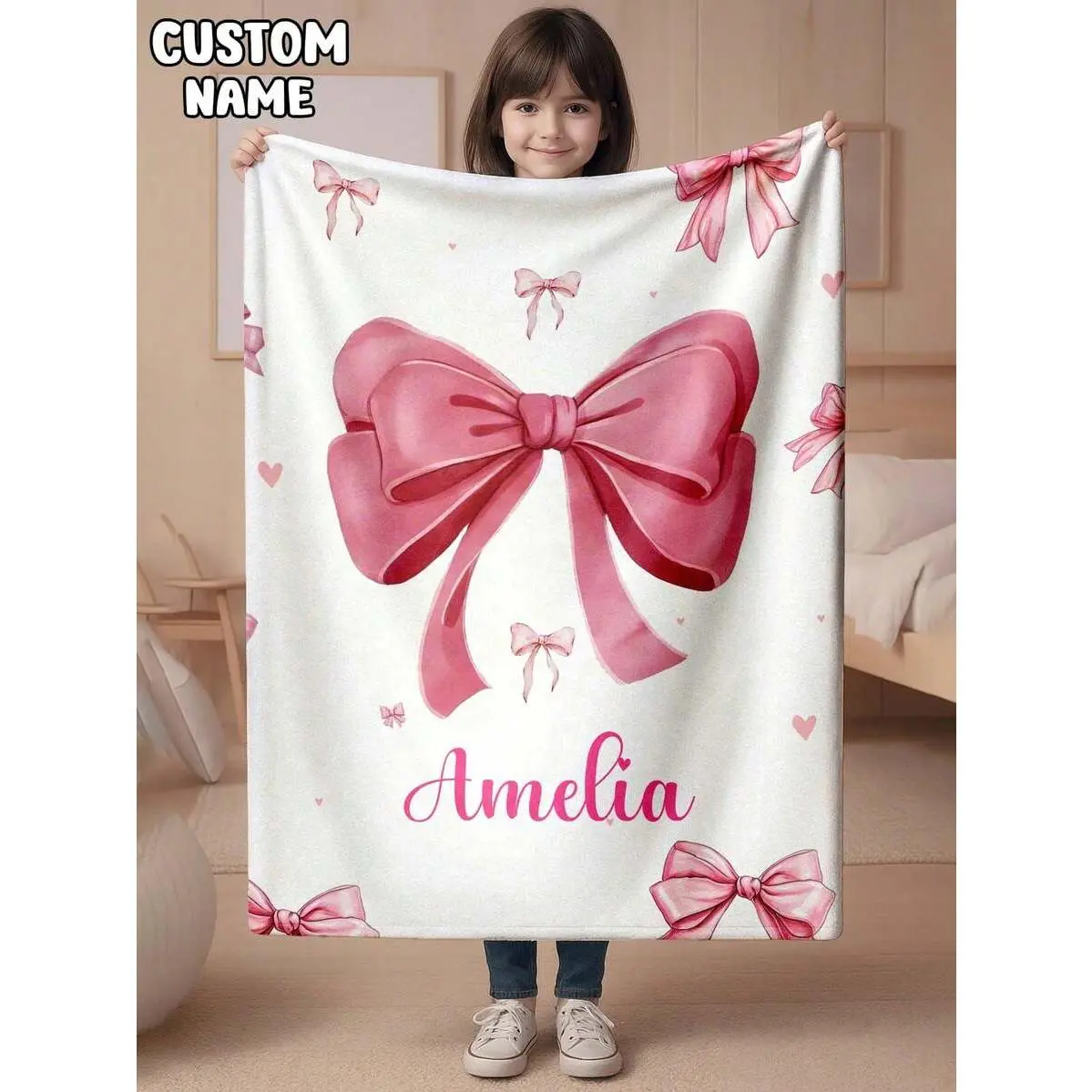 Personalized Watercolor Bow Motif Flannel Throw Blanket - Wrinkle-Resistant, Soft, Custom Amelia Name Design, Glam Pink Fabric, Multi-Size, Breathable, Feel Cosy, Machine Wash, All Seasons, Girls' Birthday Gift Ideas, Nursery Room Essential, Customized