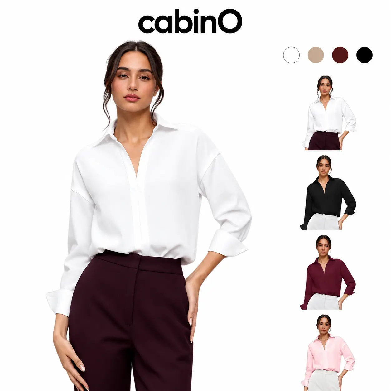 Cabino Women's Woven Fabric Bodysuit Top - White, Collared V-Neck, Long Sleeve, Elegant Relaxed Cut Lady Clothes for Office Work, Business Casual Tops